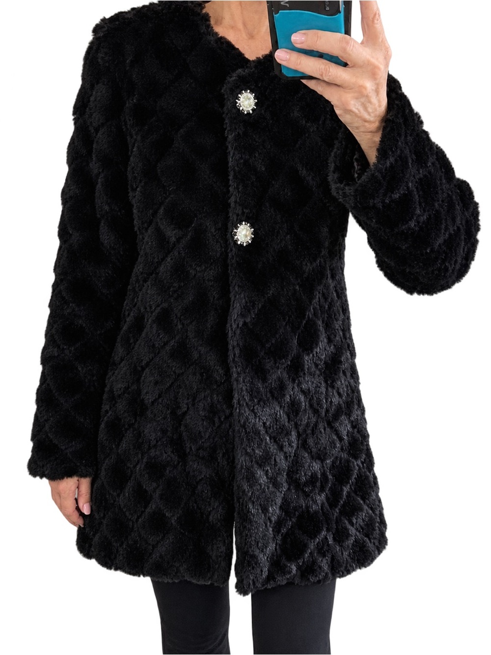Me Jane Black silky Faux Fur Jacket with Decorative Buttons size small